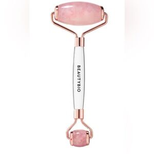 BeautyBio Rose Quartz Dual-Ended Facial Roller Rose Gold w/ Velvet Pouch